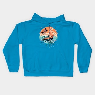 Colorful Watercolor Sailboat Retro Sunset Design Kids Hoodie